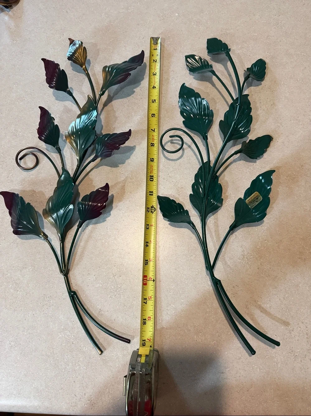 Vintage Decorative Metal Leaf Wall Accent in Green and Burgundy